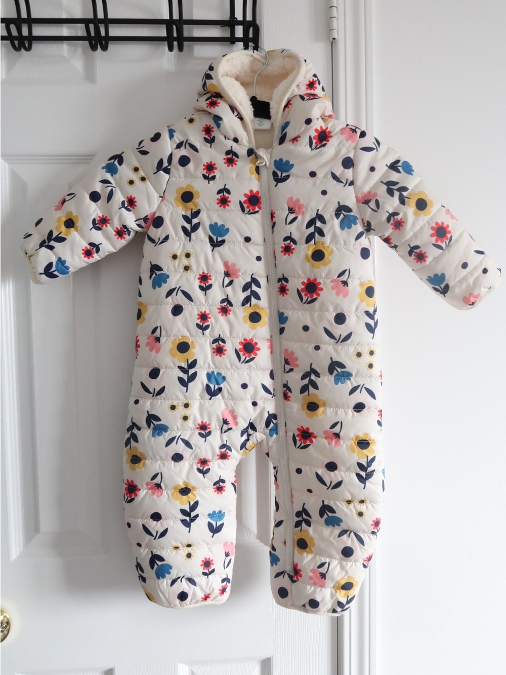 12M Kids Floral Puffer One-Piece Snowsuit - White with Blue, Yellow Pink Flowers